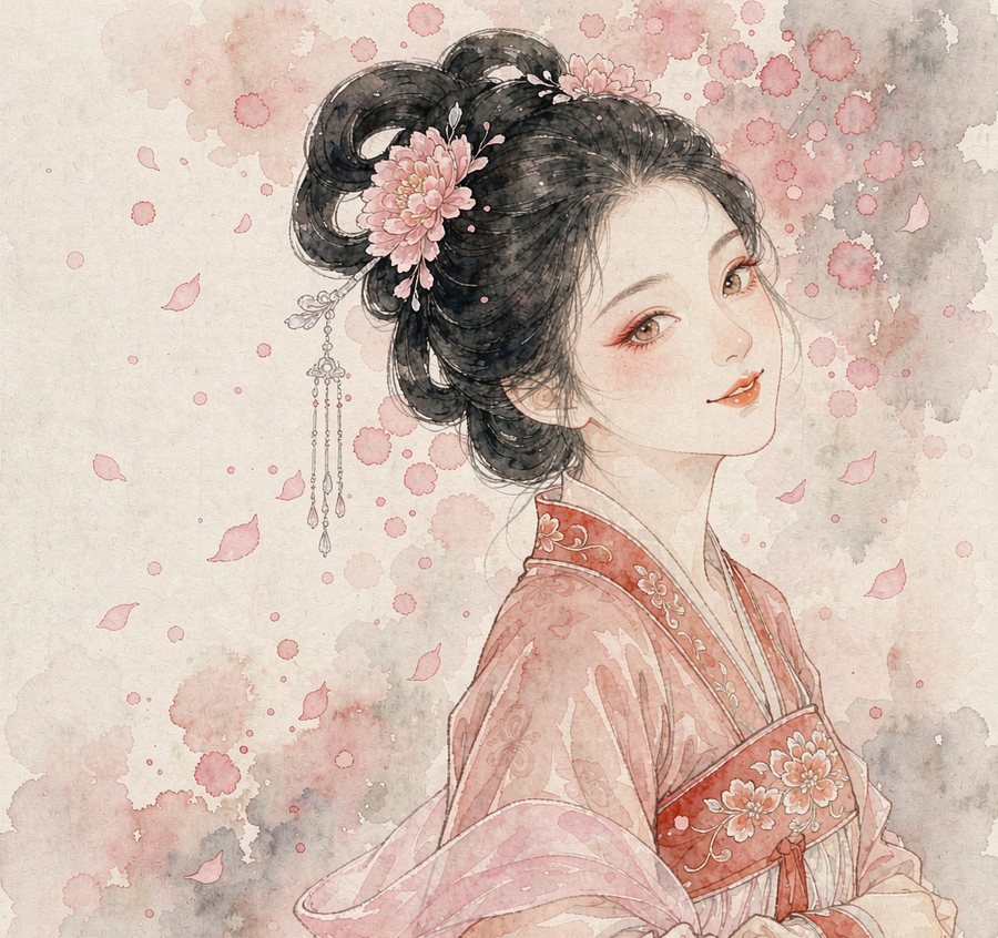 古风少女插画：桃林花雨中的浅绯襦裙少女