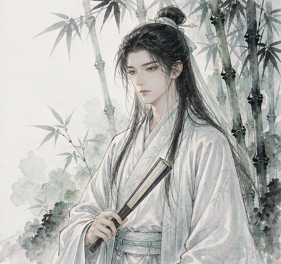古风少年插画：竹林中的月白长衫公子