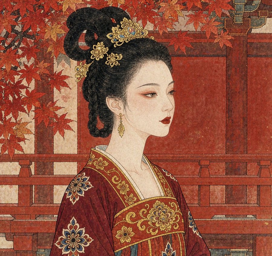 古风女子插画：红枫回廊前的绛红广袖长裙
