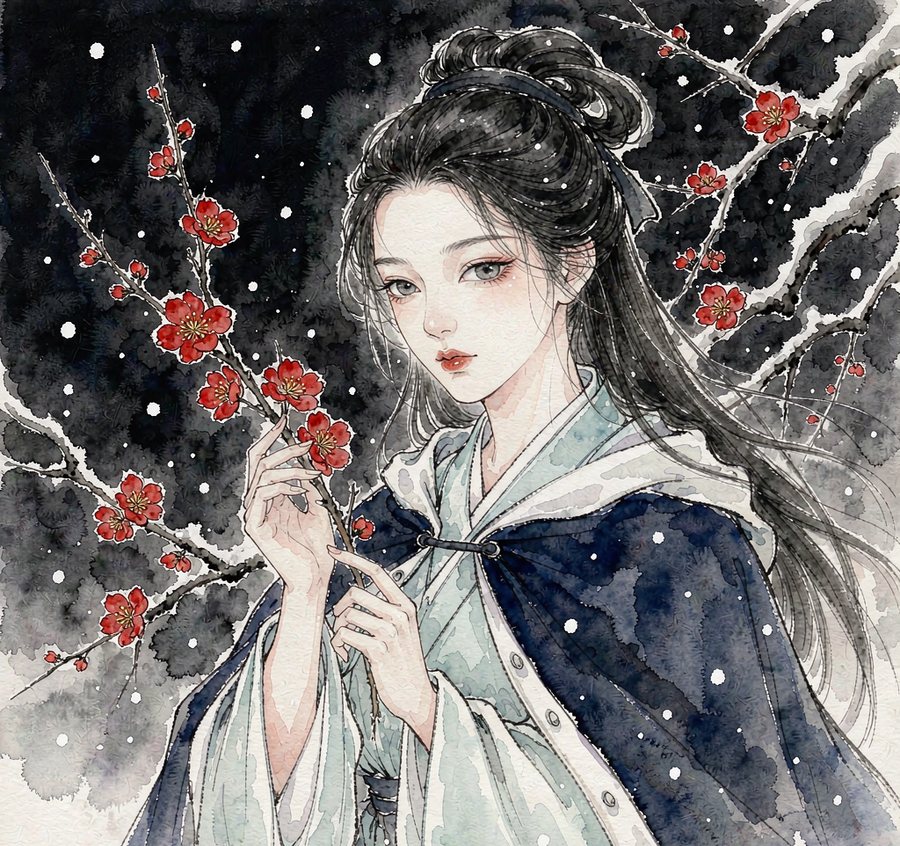 古风少女插画：雪夜白梅旁的靛蓝斗篷少女